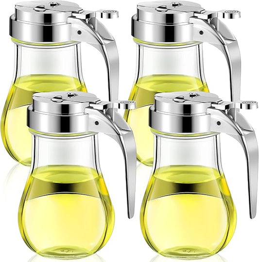 4 Pack Syrup Dispensers Glass Honey Jar Bottle Maple Sugar Dispenser 6 oz Retracting Spout Syrup Containers Pitcher For Milk Coffee Home Restaurant Kitchen Bar Oil Condiment (Simple Style)