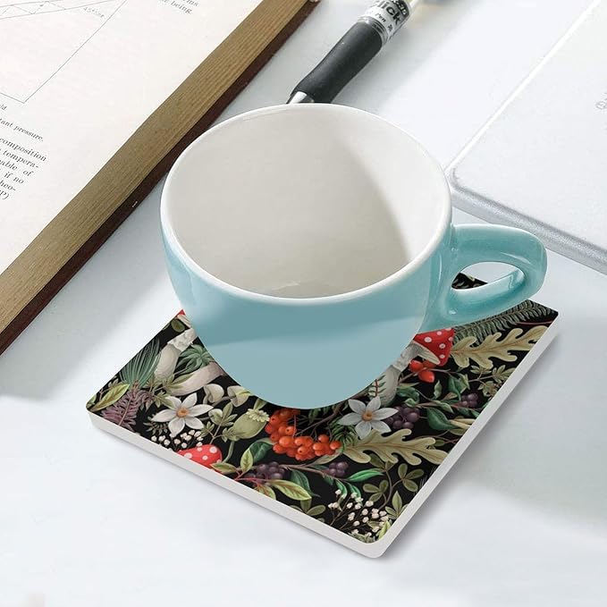 Botanical Drink Coasters, Square Ceramic Drink Coaster Square-6PCS, Wild Floral Botanical Mushroom Nature Plants Herbs Decor Absorbent Ceramic Coasters for Beverage Cup, Bar, Coffee Table