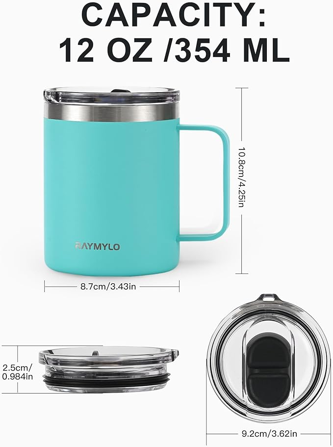 Insulated Coffee Mug 12 oz, Double Wall Stainless Steel Coffee Mug with Lids, Leak-Proof & Detachable Slider Lid for Thorough Clean, Keeps Coffee Cold for 9 Hrs, Suitable for Camp Home Office