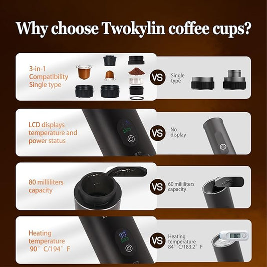 Espresso machine Portable coffee maker Small battery-powered coffee cup Self-heating portable espresso capsule machine,3-IN-1 Compatible with ground coffee and capsules Great for hiking and camping