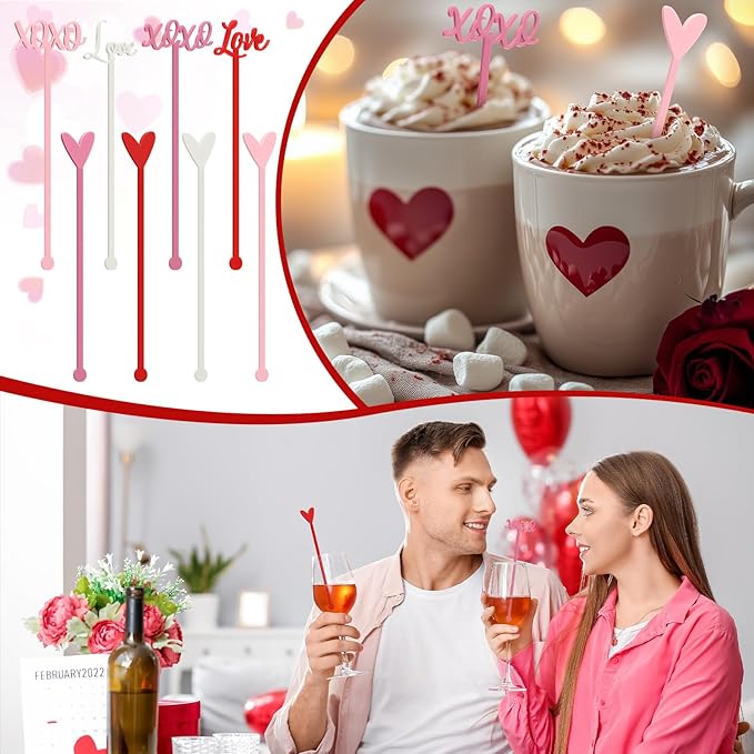 32 Pcs Valentines Day Cocktail Stirrers 7 Inch Heart Love Lips Drink Coffee Stirrers Cute Acrylic Stir Sticks for Valentines Wedding Drink Birthday Bridal Cocktail Supply(Classic Style)