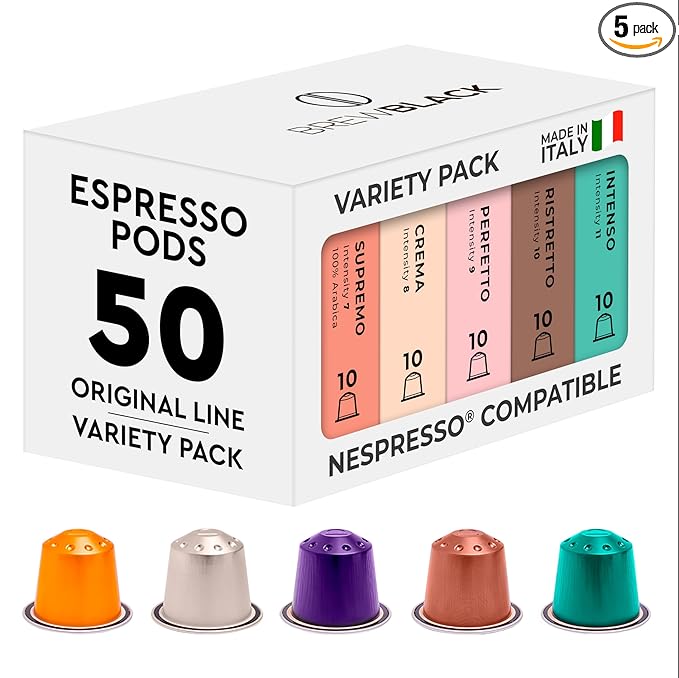 BrewBlack Variety Pack Coffee Capsules - 50 Aluminum Coffee Pods Compatible with Nespresso Original line, Medium and Dark Roast - Made in Italy