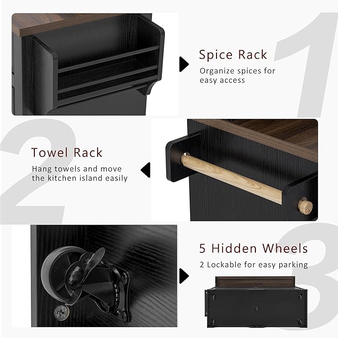 Rolling Kitchen Island with Two-Tier Bar Counter and Power Outlets, 3 Drawers & 4 Door Shelves, Mobile Kitchen Cart with Storage Cabinets & Locking Wheels for Dining Room & Kitchen, 53-Inch, Ash Black