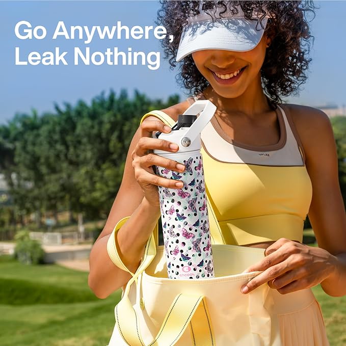 ENCOOL Insulated Water Bottle with Straw Stainless Steel Water Bottle, Glow in the Dark, Leak-Proof, BPA-Free, Keeps Cold for 24 Hours for Sports, Travel, School (26 oz, White Butterfly)