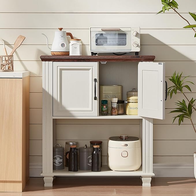 Farmhouse Coffee Bar Table with 2-Door Cabinet, Kitchen Storage Cabinets with Open Shelf, Coffee Station for Dining Room, Kitchen, Hallway, Living Room, White