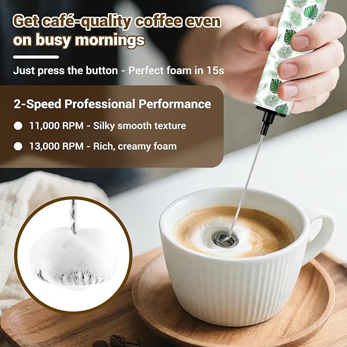 Milk Frother Handheld Rechargeable - 2-Speed Electric Whisk with 5 Detachable Heads (Frother/Mixer/Whisk) for Coffee, Latte, Cappuccino & Matcha, Drink Mixer (Flower 12)