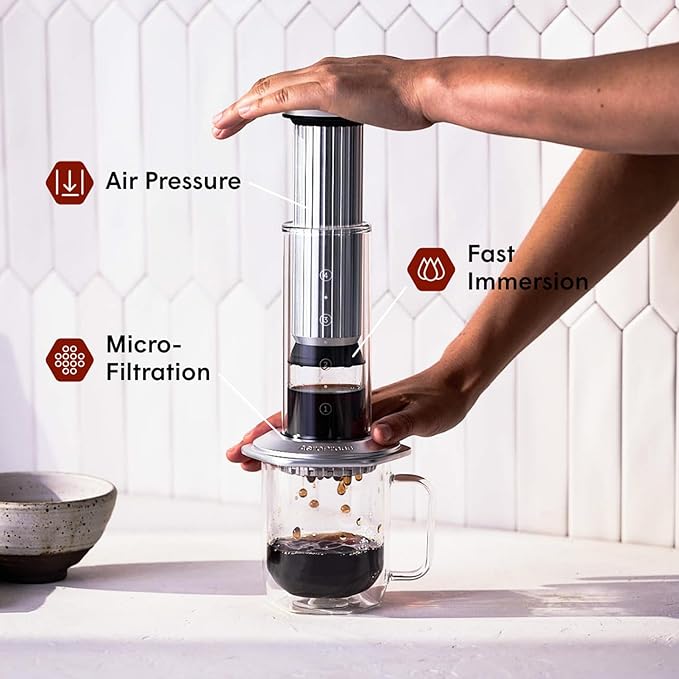 AeroPress Premium Coffee Press, Glass, Stainless Steel & Aluminum Coffee Maker, All-in-One French Press, Pour-Over & Espresso Style Manual Brewer, 2 Min Brew for Less Bitterness, More Flavor, Silver