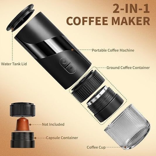 Portable Electric Espresso Machine Set - Travel Coffee Maker Pack for Camping, with Ground Coffee & NS Capsule, Electric Milk Frother, Grinder, Gift for Coffee Lover, for Car, RV, Hiking, Office