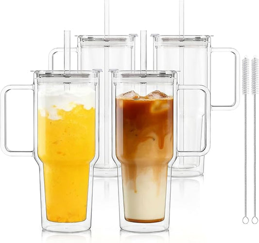 KEMORELA 28 oz Double Wall Glass Tumblers with Handle, Set of 4 | Insulated Glass Cups for Iced Coffee, Smoothie & Cold Brew | Also Perfect for Hot Coffee & Tea | Large Capacity, Thick Glass