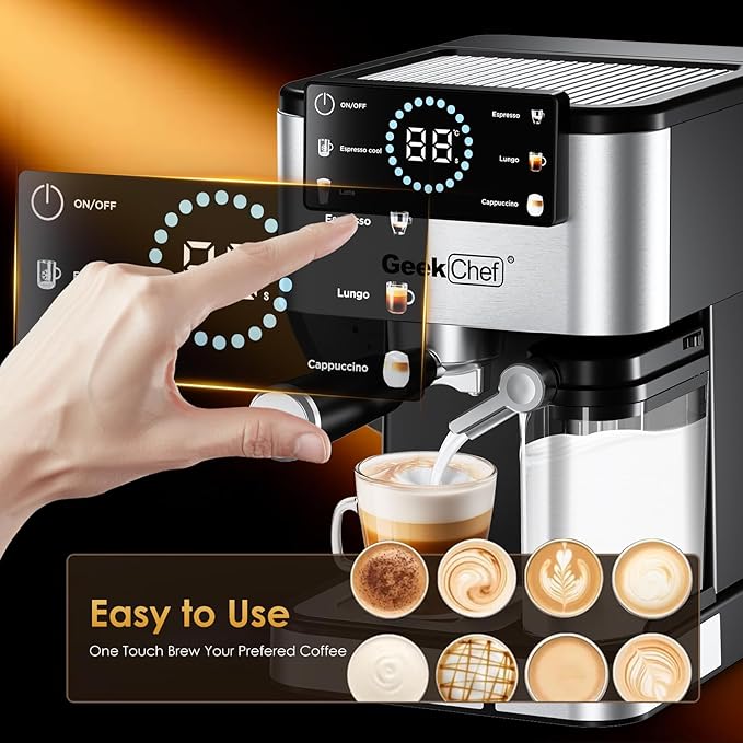 Geek Chef Espresso Machine with Automatic Milk Frother, 20 Bar Coffee & Espresso Maker, Cappuccino/Latte/Iced Coffee Machine, TouchScreen, ESE POD, Instant Heating for Home Barista