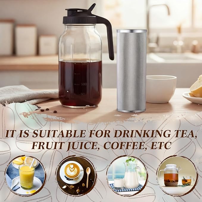 Acellegic Cold Brew Coffee Filter with Brush for 128 Oz/4 Quart Wide Mouth Mason Jar Infuser 304 Stainless Steel Strainer Food Grade Filter with Sealing Ring for Iced Drink Fruit Tea Coffee Maker