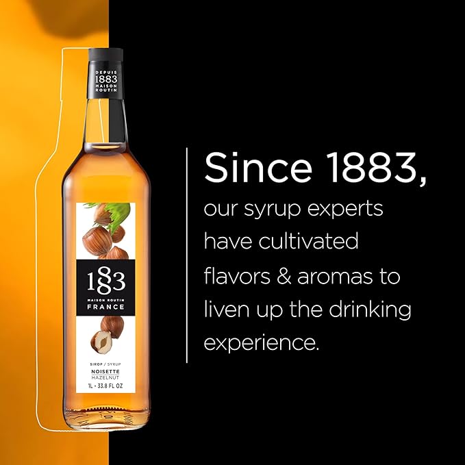 1883 Hazelnut Syrup - Flavored Syrup for Hot & Iced Beverages, Nutty Flavor - Gluten-Free, Vegan, Non-GMO, Kosher, Preservative-Free, Made in France | 1 Liter (33.8 Fl Oz)