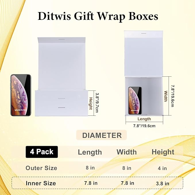 4 Pack 8x8x4 Inches White Gift Boxes with Ribbon, Magnetic Gift Box with Lid for Wedding, Groomsmen Bridesmaid Proposal, Birthdays, Mother's Day