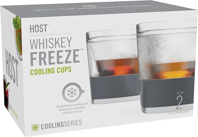 Host Whiskey Freeze Glasses, Double Old Fashioned Glasses, Chill Without Dilution for Brandy, Vodka, Gin, Rum, and Cold Brew Cocktails, Bourbon Gifts for Men, Home Bar, 9 oz, Set of 2, Grey