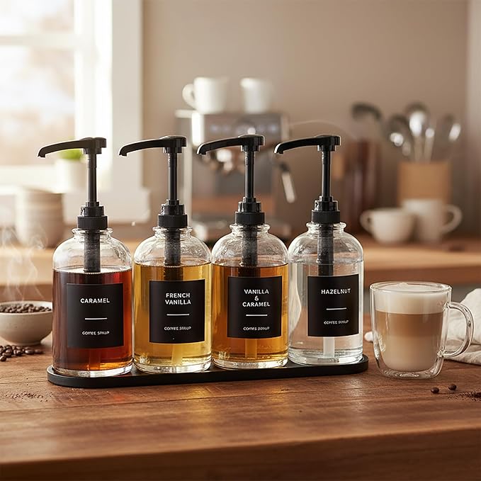 Coffee Syrup Pump Dispenser - Glass Bottle with 1/4 oz Large Capacity Pump, Coffee Bar Organizer Black, 16.9oz