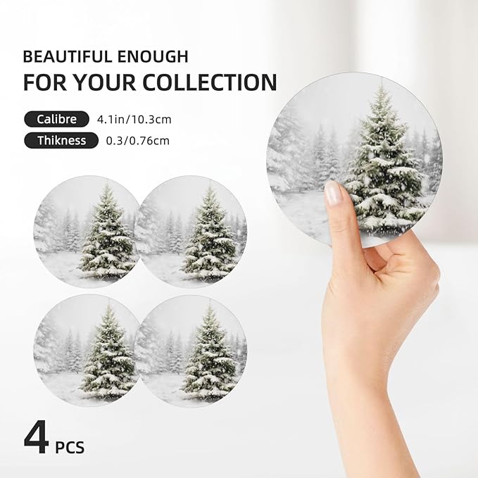 Winter Christmas Tree Pattern Coasters for Drinks Absorbent Round Ceramic Coasters Set of 4 Non-Slip Cup Coaster with Cork Base for Coffee Table Drink Home Decor Tabletop Protection
