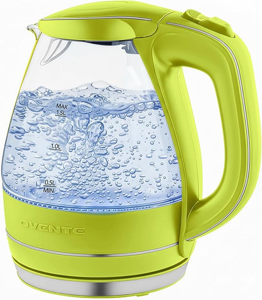 OVENTE Electric Kettle, 1.5L Borosilicate Glass Countertop Water Heater and Boiler for Coffee or Tea, BPA-Free, Auto Shut-Off,  Boil-Dry Protection, Removable and Washable Spout Filter, Green KG83G