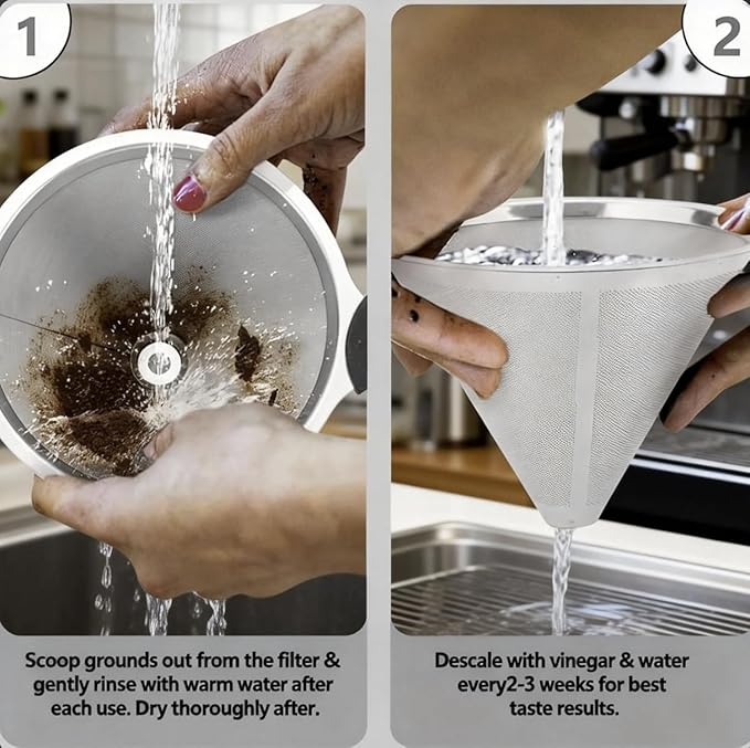 Reusable Permanent Paperless Coffee Pour-Over Dripper, Double-Layer 800-Mesh Stainless Steel, Fits Oval Containers, with Brush, 2-3 Cups for Home Travel Camping