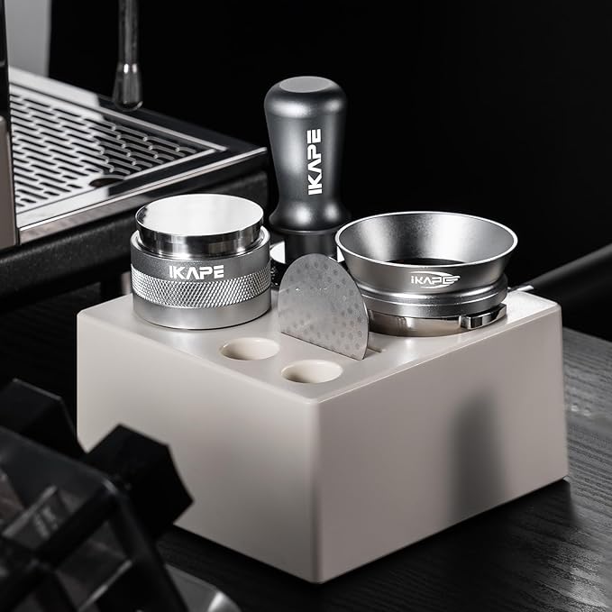 IKAPE 58mm Espresso Tamper Kit Silver 7 IN 1, Coffee Tamper Set comprising a Tamper, Distributor, Magnetic Dosing Funnel, Puck Screen, Station, WDT Tool, along with a Cleaning Towel and Brush