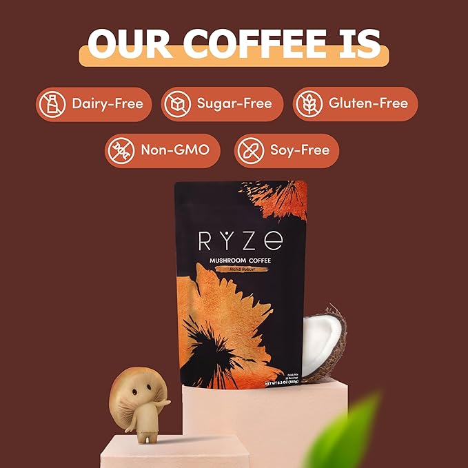 RYZE SUPERFOODS Mushroom Coffee Dark Roast, 6 Adaptogenic Mushrooms & Prebiotic Blend, Instant Coffee Supports Energy, Focus, Digestion & Immunity, Lions Mane & Turkey Tail, 30 Servings.