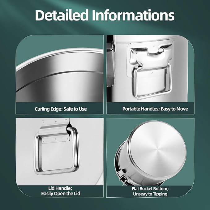 21L/4.62gal Stainless Steel Airtight Canister, Food Storage Canisters with Airtight Lid&Locking Clamp, Rice Cereal Grain Canisters Container, Storager Bucket for Flour, Coffee Bean, Sugar, Cookie