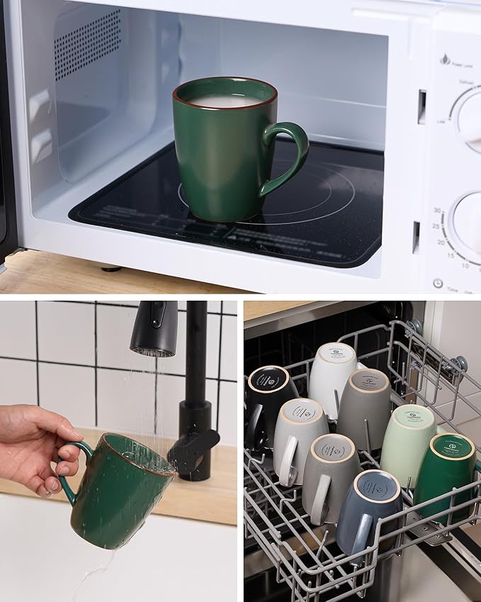 famiware Venus Coffee Mugs for 4, 12 oz Mug Set, Dringking Cup with Handle for Coffee, Tea, Cocoa, Milk, Dark Green