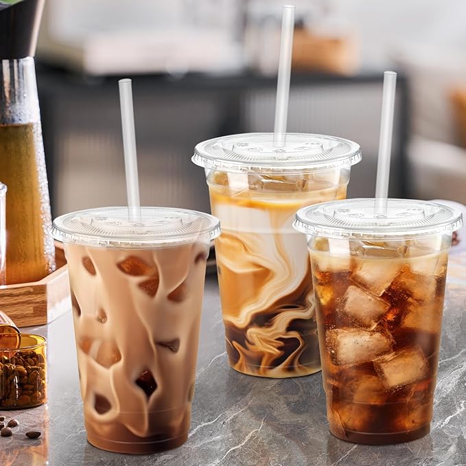Clawsoff 12 oz 100 Pack Plastic Cups with Lids and Straws, Sturdy Food Safe Iced Clear Coffee Cups Disposable Smoothie Cups for Cold Drinks