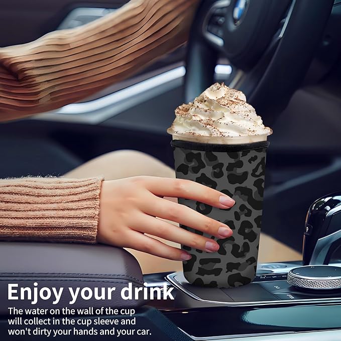 Reusable Neoprene Insulator Sleeve for Iced Coffee Cups, Medium 22-28oz Durable Drink Sleeve for Cold Beverages, Cute Beverage Holder Cup Sleeve for Women Men Cute Black Leopard