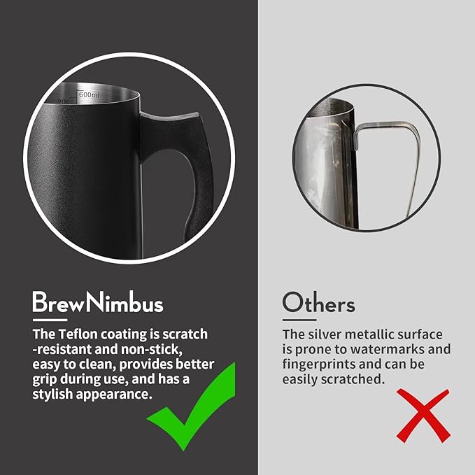 Milk Frothing Pitcher, 20oz/600ml Espresso Steaming Pitcher, Milk Frother Cup with Latte Art Pen, Stainless Steel Cappuccino Coffee Machine Accessories Barista Tools, Black