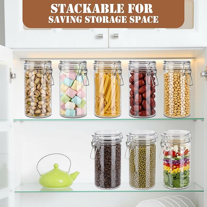Suclain 6 Pcs 33 Oz/ 1000 ml Plastic Storage Jars with Airtight Hinged Lids, Clear Wide Mouth Food Storage Containers Empty Bottles Sealed Jars for Home Kitchen Candy Herbs Spices Coffee Nuts