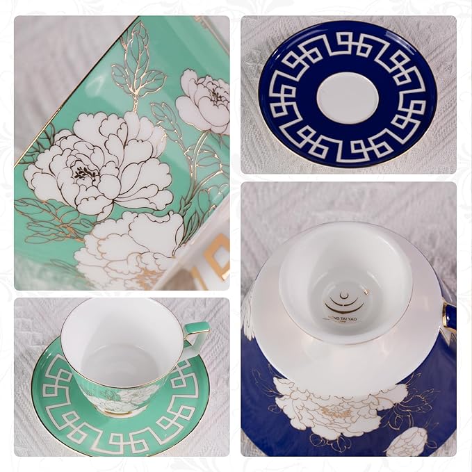 KAMMAK Ceramic Coffee Cups Saucers Set of 2, Porcelain Espresso Cups with Saucers, 8.12 oz Handcrafted Elegant Bone China Tea Cups, Peony Flower Pattern Teacup for Party, Office, Women Gift