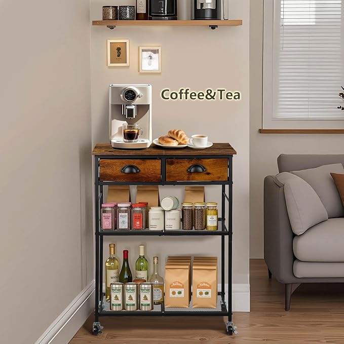 Rolling Coffee Cart with Storage Drawers, Small Coffee Bar Cabinet with Adjustable Shelf and Wheels, Retro Industrial Buffet Sideboard Cabinet for Kitchen, Office, Rustic Brown