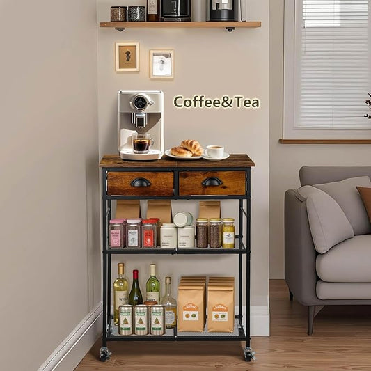 Rolling Coffee Cart with Storage Drawers, Small Coffee Bar Cabinet with Adjustable Shelf and Wheels, Retro Industrial Buffet Sideboard Cabinet for Kitchen, Office, Rustic Brown