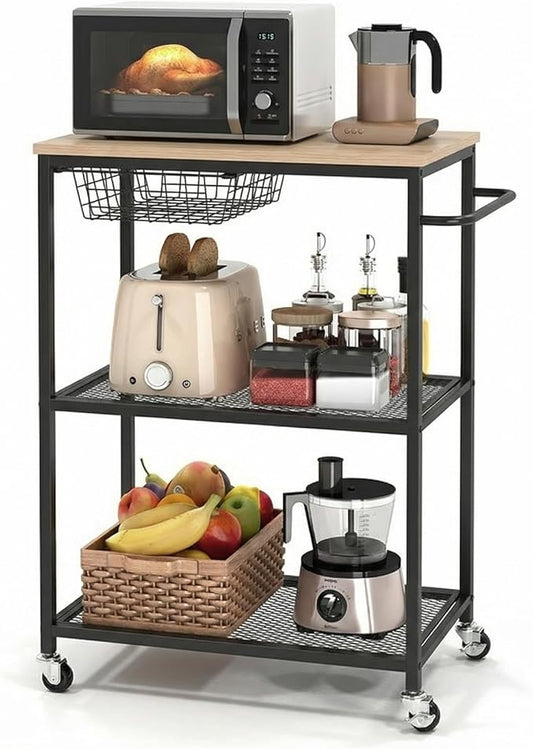 Rolling Kitchen Carts on Wheels, 3 Tier Mobile Utility Cart with Wood Tabletop Storage Cart, Metal Serving Carts with Handle and Shelf Liner for Island Restaurant Coffee Bar Living Room Office Black