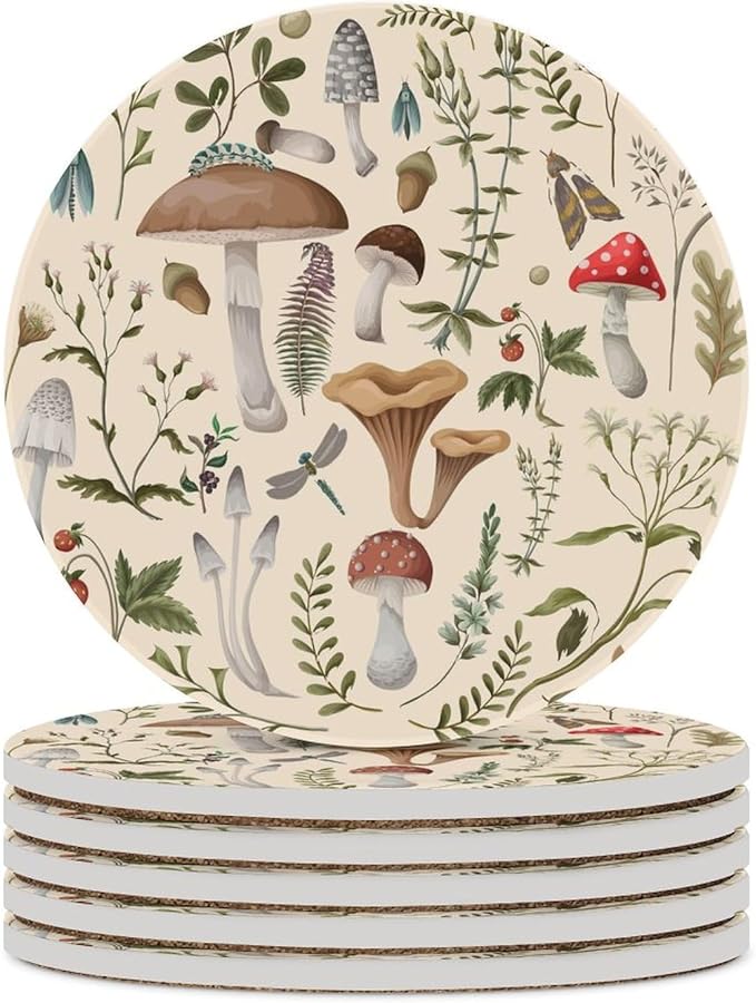 Round-6PCS Botanical Ceramic Coasters, Round Absorbent Drink Coasters, Nature Cartoon Botanical Leaves Mushroom Plants Pattern Ceramic Table Coasters for Coffee, Beverage, Wine, Beer Coasters