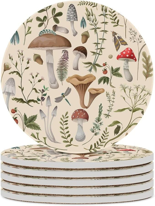 Round-6PCS Botanical Ceramic Coasters, Round Absorbent Drink Coasters, Nature Cartoon Botanical Leaves Mushroom Plants Pattern Ceramic Table Coasters for Coffee, Beverage, Wine, Beer Coasters