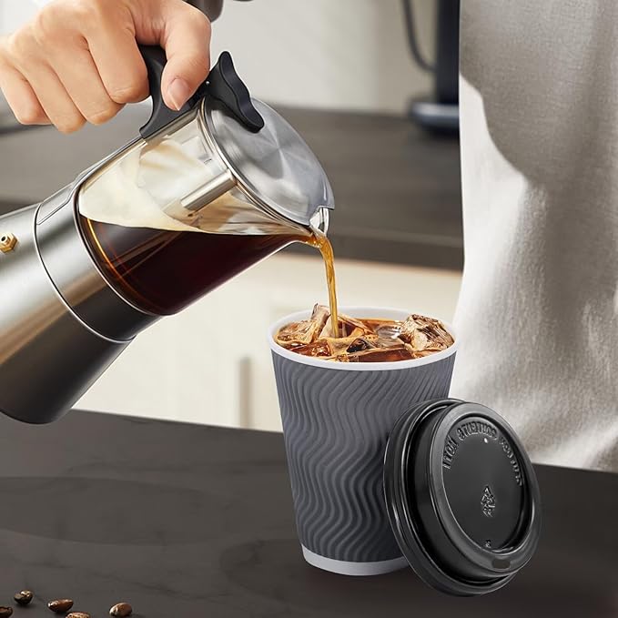 Clawsoff 500 Pack Coffee Cups with Lids 12oz, Disposable Insulated Ripple Wall To Go Paper Coffee Cups for Hot/Cold Drinks Office Home Shop Event (Grey)
