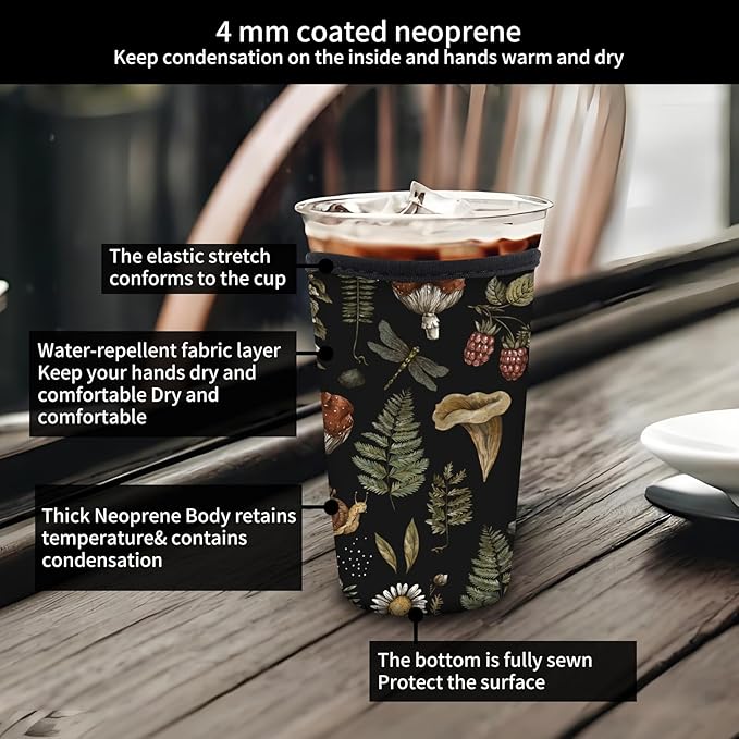 Reusable Neoprene Insulator Sleeve for Iced Coffee Cold Soda Cups, Cute Durable Drink Sleeve for Cold Beverages, Medium 22-28oz Cup Sleeve Cute Black Mushroom