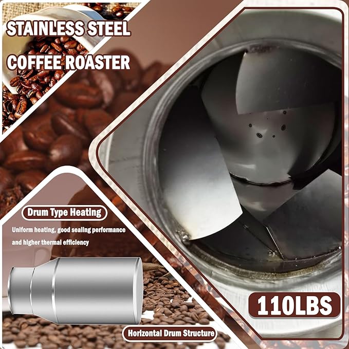LGXEnzhuo Full-Automatic Stainless Steel Coffee Roaster 110LBS Drum Rotary Roasting Machine 0-300℃ Gas Type Nuts Bean Roasting Machine 220V/1PH