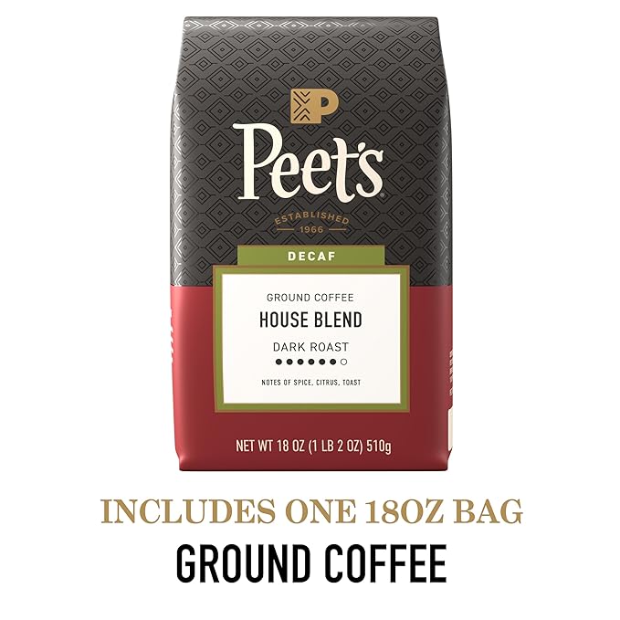Peet's Coffee, Dark Roast Ground Coffee, Decaffeinated Arabica Coffee - Decaf House Blend 18 Ounce Bag