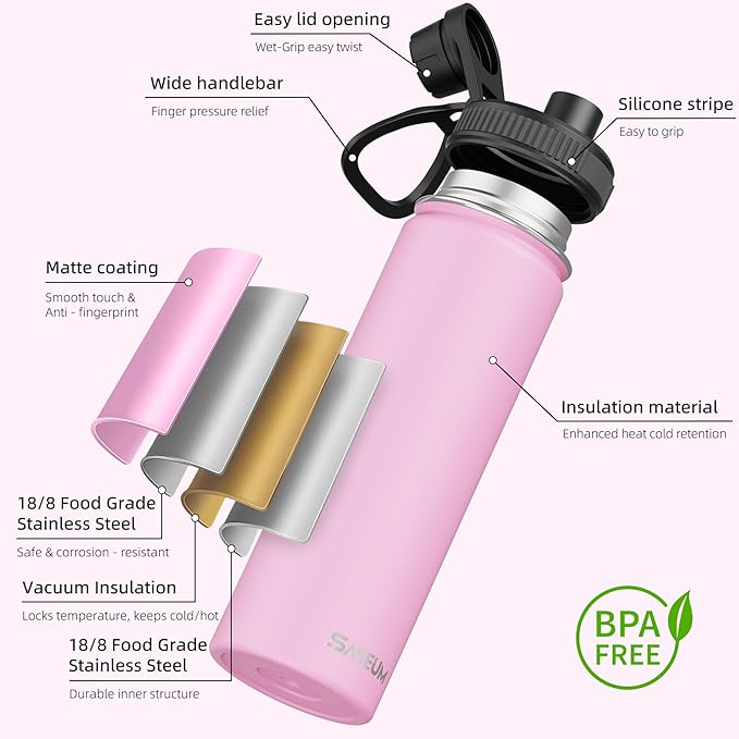 SASEUM Sport Water Bottle 22oz Stainless Steel Double Wall Vacuum Thermal Mug with Leak Proof Spout Lids, Wide Mouth Metal Insulated Water Jug for Gym and Travel（Pink）