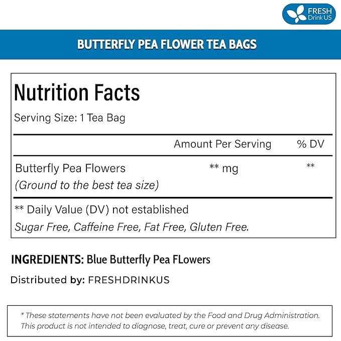 FreshDrinkUS, Premium 55 Tea Bags Blue Butterfly Pea Flowers, 100% Natural and Pure from Butterfly Pea Flowers, Made With Natural Material Tea Bag, No Sugar, No Caffeine, No Gluten, Vegan