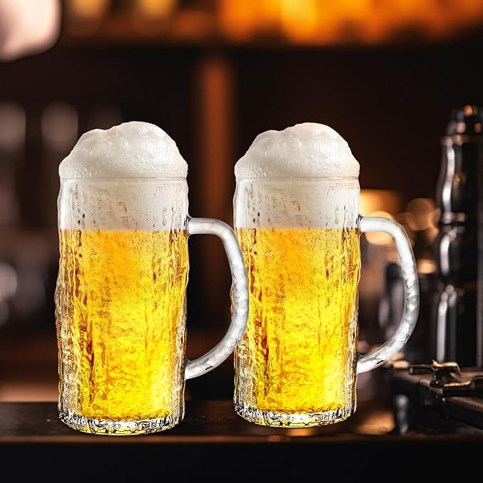 16.5oz Beer Mug, 4 Pack Glass Beer Mugs for Freezer, Clear Large Beer Steins with Handle, Gifts for Men