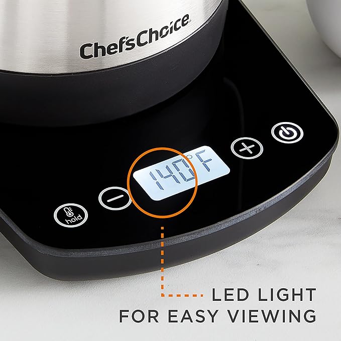 Chef'sChoice Electric Kettle Gooseneck Style Perfect for Pour-Overs Stainless Steel Construction 1200 Watts with Auto-Shutoff & Boil-Dry Protection, 1-Quart, Silver