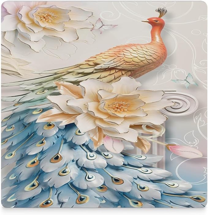 Peacock Drink Coasters, Square Ceramic Drink Coaster Square-6PCS, Vintage Country Flower Beautiful Peacock Floral Decor Absorbent Ceramic Coasters for Beverage Cup, Bar, Coffee Table