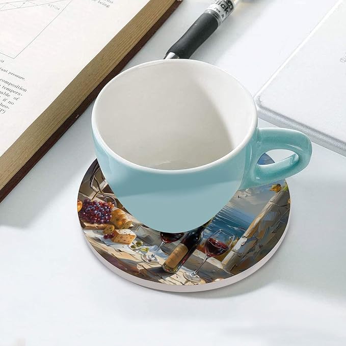Round-6PCS Red Wine Drink Coasters, Round Modern Ceramic Absorbent Coasters, Oil Painting Style Red Wine Grapes Sea Scenery Decor Desk Coffee Table Coaster for Beverage Cup Tea Coasters