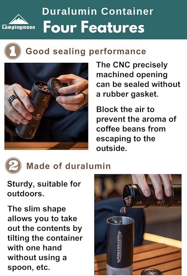 CAMPINGMOON 2-Layer Portable Coffee Bean Storage Canister Airtight Duralumin Coffee Travel Container Camping Lightweight Slim Mini Tea Caddy CNC Machined Metal Spice Jar Black M 27g 54g CC-51-BK