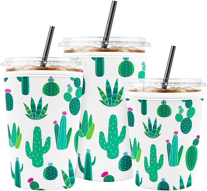 Iced Coffee Sleeve Reusable Cup Sleeves for Cold Drinks Neoprene Koozie Cozy Plastic Cup Covers for Drinks, Cactus