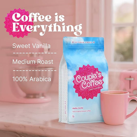 Couple's Coffee Vanilla Grounds | Malibu Vanilla Flavored Coffee | Pink Gifts for Women | Gives Back to Military Families | Medium Roast Made with 100% Arabica Beans | 12oz