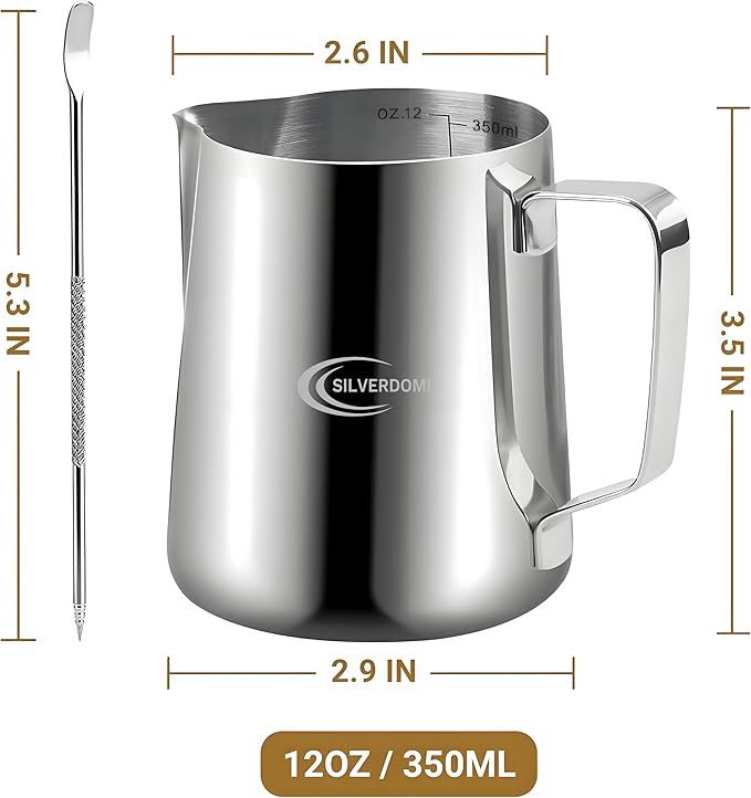 Milk Frothing Pitcher, 12 Oz (350 ml) Stainless Steel 304 Grade, Equipped with Decorating Art Pen, Latte Art Barista Style, Steam Pitcher, Milk Jug